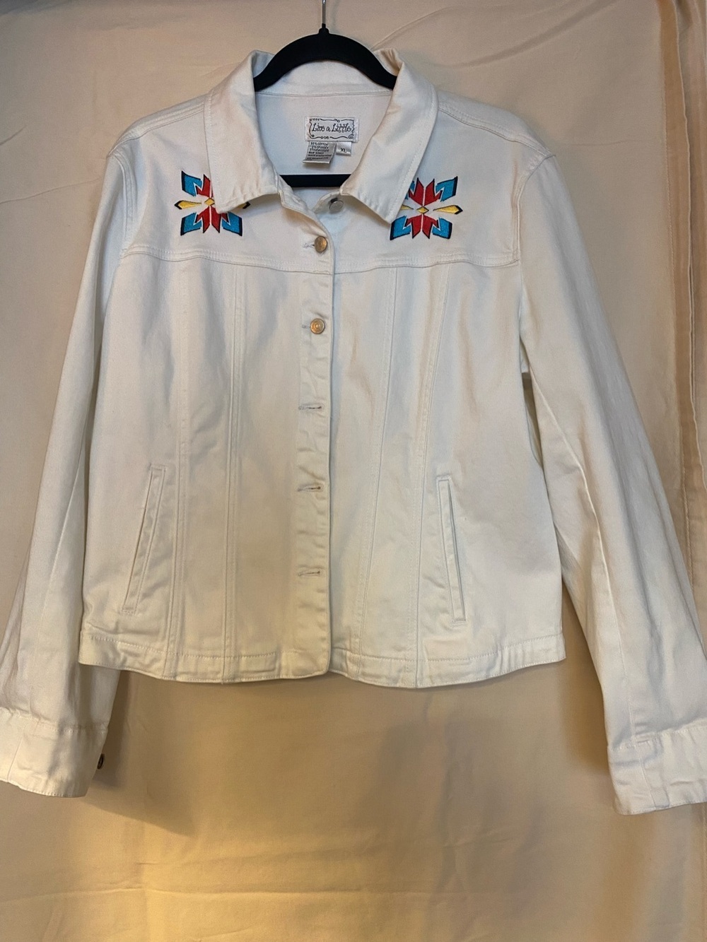 Live a Little White Denim Jacket with Custom Colorful Embroidery
